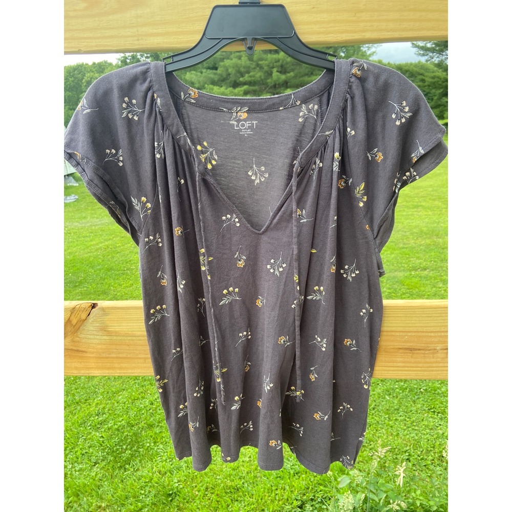 Loft Outlet Womens XL Floral Tie Neck Short Sleeve Top Gray Cotton Modal Blouse